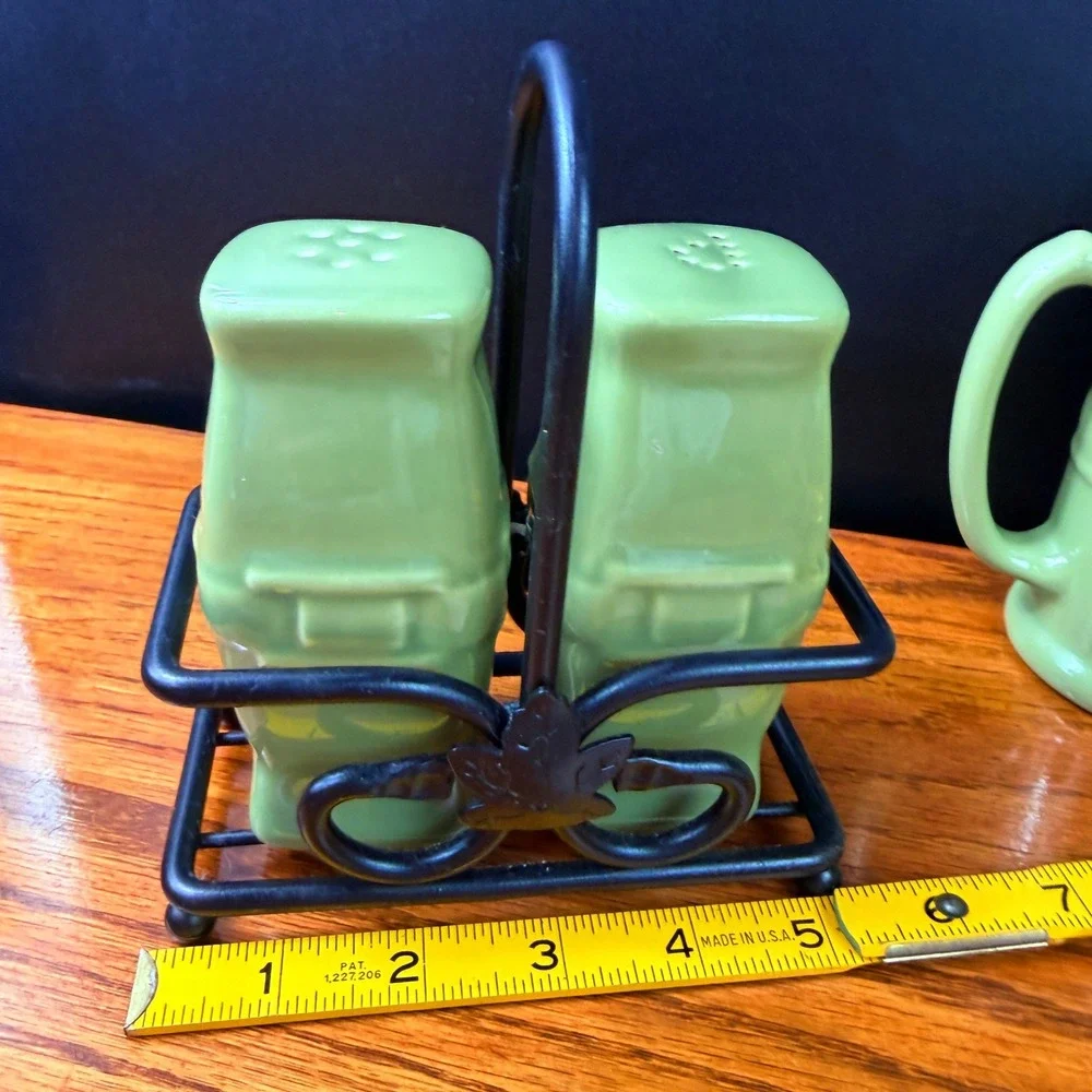 Longaberger Salt Pepper Shakers 2 Sets Sage Green Woven Ceramic Iron Caddy